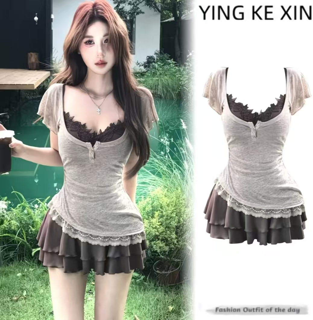 夏日绝美巨好看掐腰显瘦小裙子辣妹短袖冰丝罩衫短裙套装出片新款