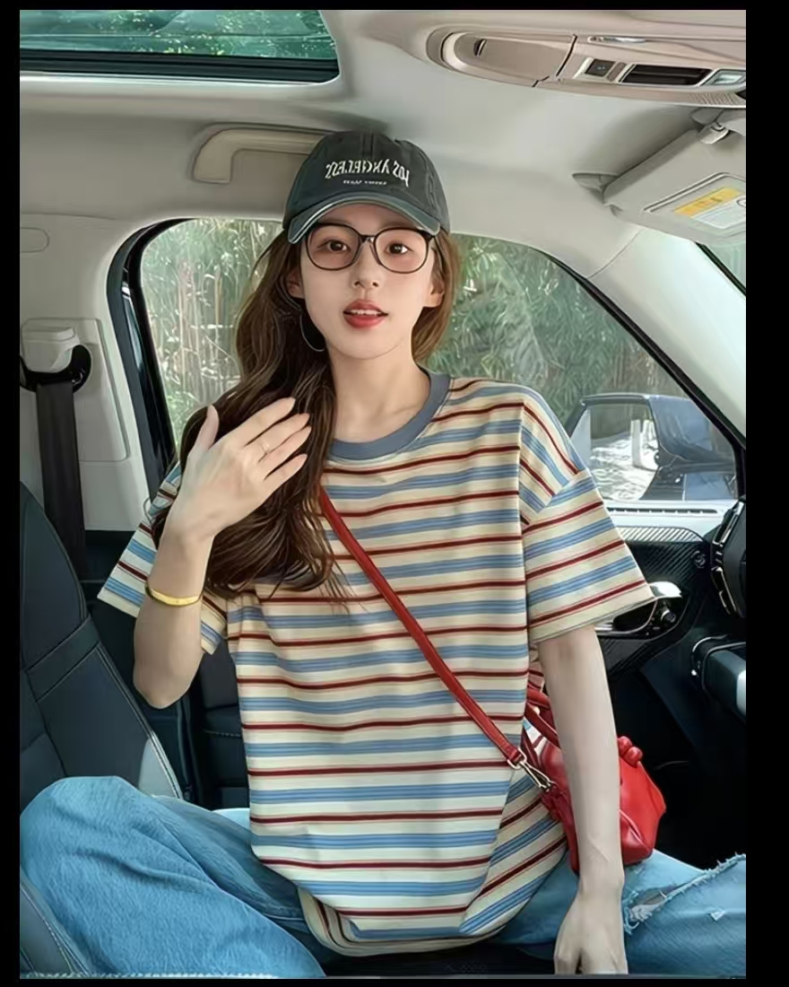 美式高级感撞色条纹正肩短袖T恤夏季新款辣妹显瘦百搭圆领上衣女